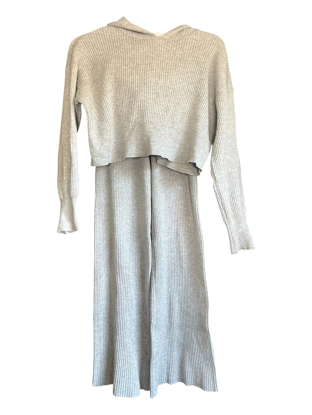Pink Rose Gray Ribbed Knit 2-Piece Lounge Set Cropped Hoodie & Wide Leg Pants XS